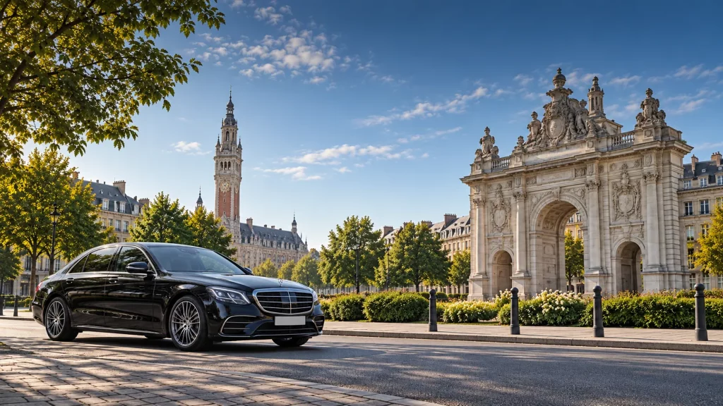 Berline Mercedes noire devant la porte de Paris et le beffroi de Lille