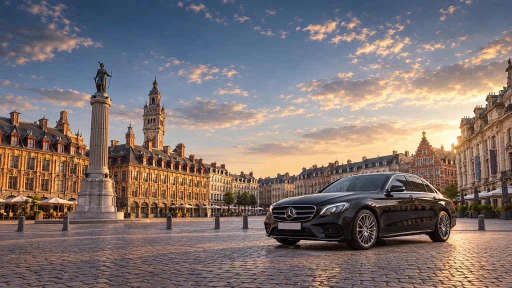Berline Mercedes noire sur la Grand-Place de Lille au coucher du soleil